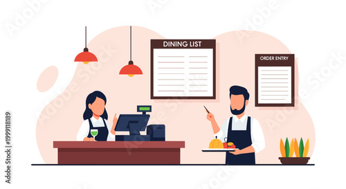 A restaurant waiter in a black apron holds a tray of food while a cashier stands by a computer terminal at a service counter in a modern indoor restaurant setting.