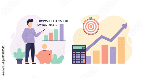 A person tracks financial savings and expenditure targets using a piggy bank and a calculator near a rising trend bar chart in a clean flat illustration style.