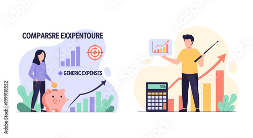 A woman inserts a coin into a piggy bank while a professional with a pointer explains rising financial growth trends in an office illustration with modern graphics.