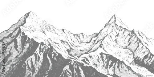 Black and white ink drawing of snowy mountain peaks and rocky ridges in a hand drawn artistic style