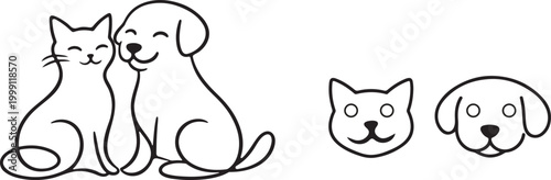 Cat and dog outline vector icon, pet animal line art logo design simple.