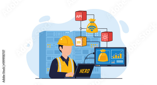 An IT technician in a hard hat monitors server performance and cloud API data connectivity on a professional laptop in a brightly lit data center with blue hues.