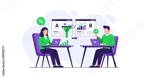 Two marketing professionals work at separate desks comparing website A/B testing data results flowing through a funnel graphic on a clean white background.