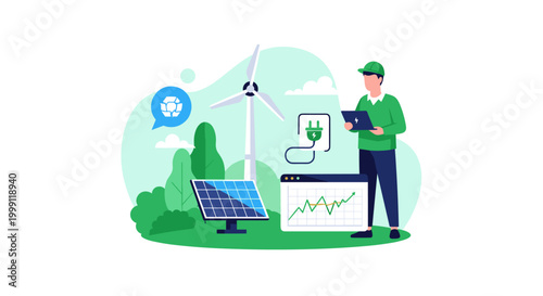 A single maintenance technician reviews performance charts on a portable digital tablet near solar panels and a wind turbine in a clean, professional, flat-style setting.