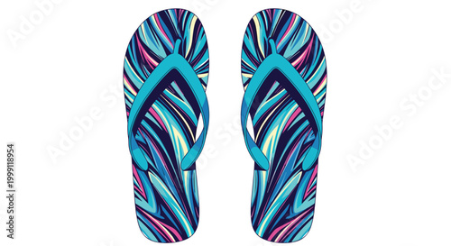 Pair of summer flip flops with vibrant blue and pink abstract marble pattern on white background for beach footwear.