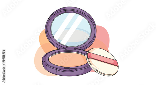 Open purple makeup powder compact with round mirror and applicator puff on abstract background for beauty and cosmetics.