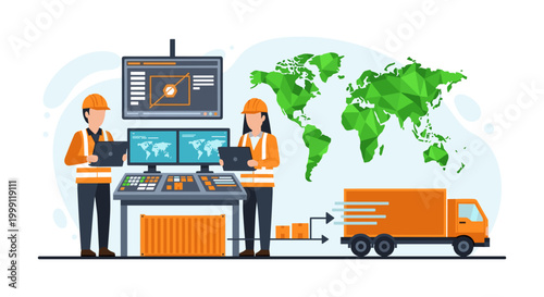 Two logistics technicians monitor data streams on multiple screens at a central hub with a green world map while a truck prepares to deliver cargo shipments.