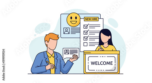 A professional man and woman process new employee onboarding documentation at a desk featuring a checklist and a welcome sign in a bright modern office setting.