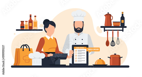 A chef in white uniform holds a digital tablet displaying an order checklist while standing beside a server at a restaurant counter with kitchen tools and food.