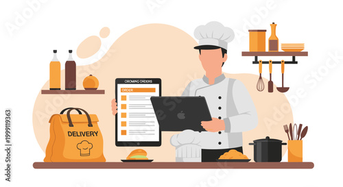 A professional chef in a white uniform holds a digital tablet displaying order lists in a restaurant kitchen environment with warm toned culinary tools and supplies.