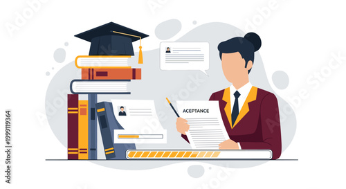 A female clerk in a professional blazer processes acceptance forms next to a stack of books with a loading bar indicator on a warm toned light background surface.