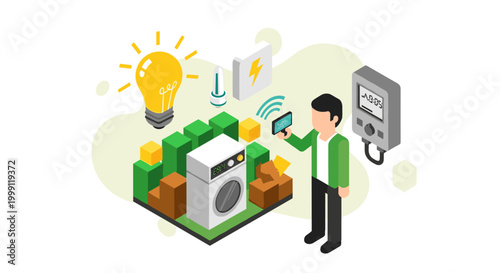 An engineer monitors a smart washing machine connected to a glowing light bulb using a mobile handheld device in a clean white laboratory style environment.