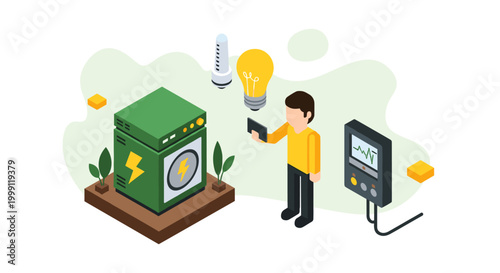 A technician holding a mobile device performs a diagnostic assessment of a large green industrial electrical cabinet in a clean isometric workspace environment.