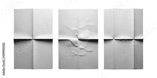 Three sheets of white paper with fold lines and creases isolated on a plain surface for design mockups