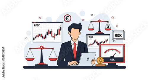A professional financial analyst sitting at a desk with a laptop reviews market volatility charts and balance scales representing corporate risk management strategies.