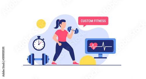 A woman wearing a pink shirt performs a bicep curl with a heavy dumbbell in a fitness room featuring a heart rate monitoring screen and a wall clock.