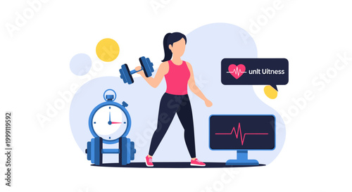 A focused woman performs a standing dumbbell exercise next to a large digital stopwatch and a screen displaying a rhythmic heart rate monitor readout.