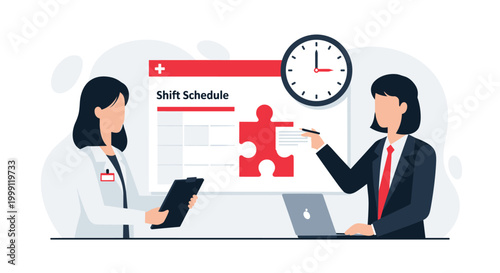A medical doctor and a business executive coordinate a shift schedule board featuring a large red jigsaw puzzle piece icon in a professional office environment setting.