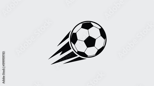 A black and white soccer ball flies through the air with motion lines