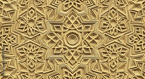 Intricate Golden Geometric Islamic Star Pattern Carving.