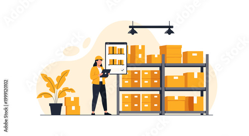 A solitary worker in a yellow jacket reviews inventory on a digital tablet while standing before organized metal shelves filled with cardboard boxes in a warehouse.