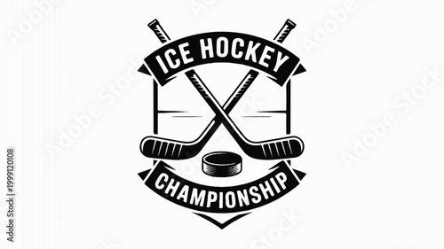 A minimalist illustration of crossed hockey sticks and puck in a championship shield
