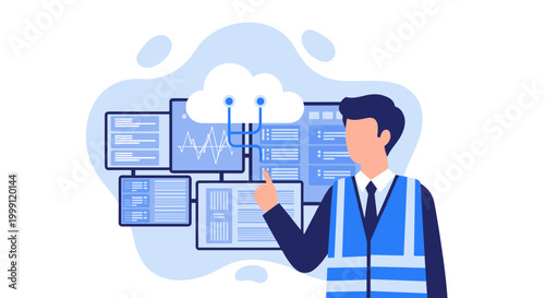 A professional engineer in a formal suit and safety vest indicates a digital cloud diagram across various screens while managing complex system operations in a workstation.