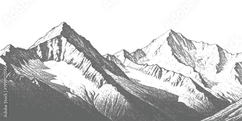 Black and white sketch of high mountain peaks with snow and rocky texture in a detailed hand drawn art style
