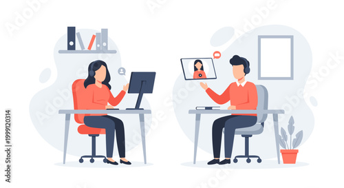 A woman works at a desk while a man participates in a video call on a tablet in a modern office, rendered in a flat vector style with soft pastel colors.