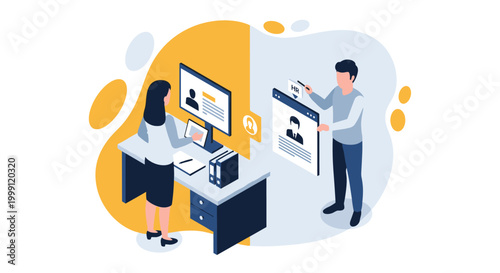 An HR manager updates a candidate profile on a floating digital interface while a woman works at her desk in a bright office with yellow accents.