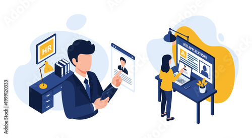 A business executive examines a digital resume on a mobile phone as a candidate completes a job application on a computer in a modern workspace with yellow highlights.