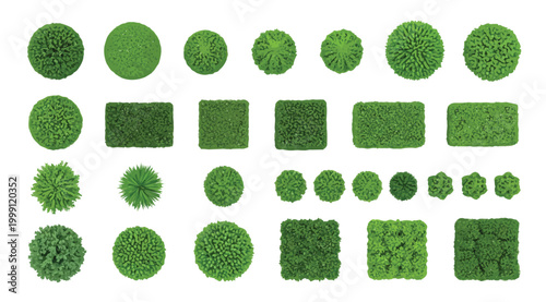 Top view of various green trees and shrubs