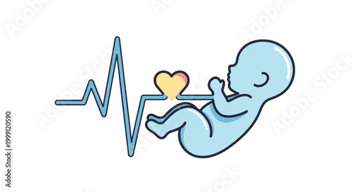 Baby fetus with heartbeat line and heart icon on white background