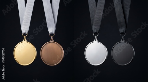 Metallic sports medals set with ribbons, gold silver bronze and black award medallions, premium achievement trophies on dark background