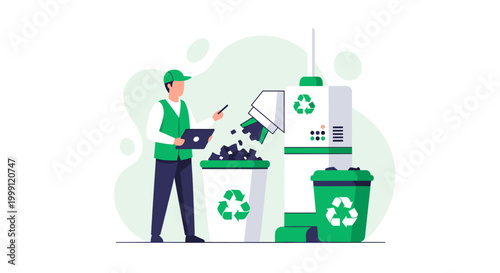 A waste management worker in a green uniform uses a digital tablet to control an automated recycling machine that sorts debris into labeled collection bins.