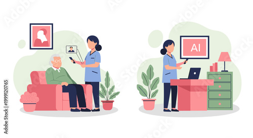 A healthcare professional engages in tele-health consultations with an elderly person and analyzes patient information using a digital tablet in a bright office space.