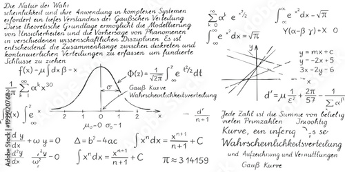 Mathematical equations and Gaussian distribution bell curve with handwritten text notes on a blackboard