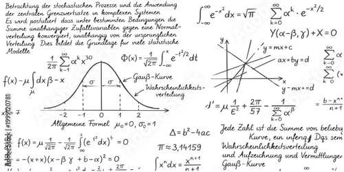 Handwritten mathematical formulas and normal distribution bell curve graph on a paper page