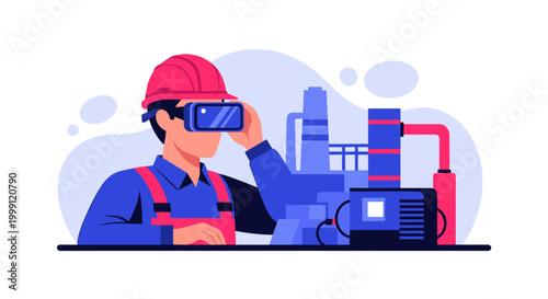 A construction worker wearing a pink hard hat and blue jumpsuit adjusts modern virtual reality goggles in front of a complex industrial facility with large pipes.