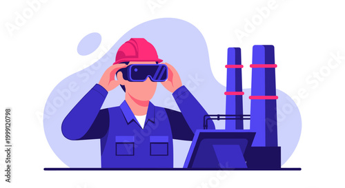 An industrial worker in a pink hard hat and blue uniform stands before two tall dark blue chimneys while adjusting their advanced virtual reality headset device.