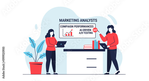 Two professional marketing analysts collaborate on campaign performance analysis using AI-driven testing tools in a modern office space with a clean light blue background.