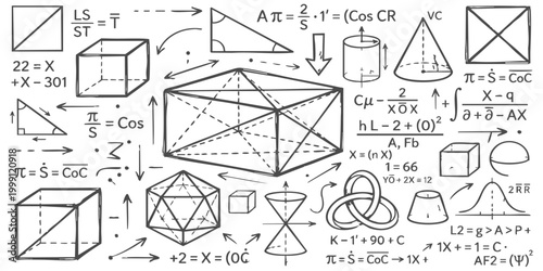 Hand drawn geometric shapes and mathematical formulas on a paper sheet for education and learning science