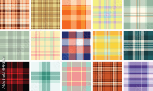 Plaid set for interior displays of childrens clothing stores. Harmonized tartan designs suit showrooms and catalog visuals. Seamless vectors maintain rhythm.