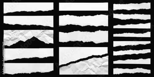 Collection of black torn paper strips with rough jagged edges and ripped textures for creative design projects