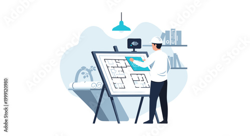A lone male construction architect standing at a drafting board adjusts a blue floor plan paper sheet within a minimalist office studio with shelves filled with project folders.