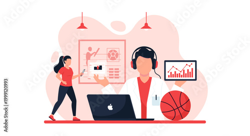 A sports data analyst wearing a white lab coat and headphones evaluates basketball performance statistics on a tablet with a background featuring athletic training and red motif.