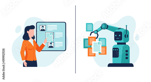 A professional woman in an orange blazer gestures toward a digital document board while a teal mechanical robotic arm sorts files in a modern administrative office setting.