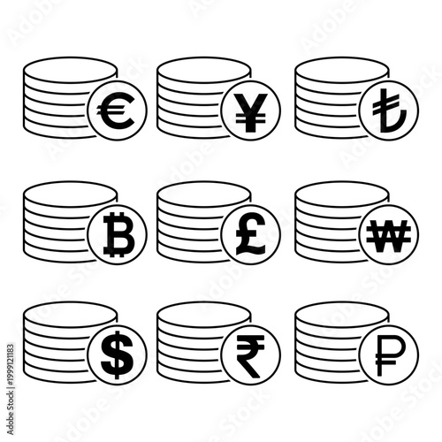 Set of Dollar euro rouble won yuan pound stack coin, flat icon money design .