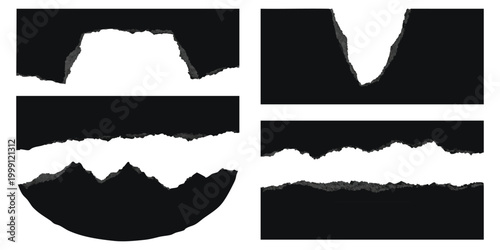 Set of black paper edges with torn texture and rough borders for creative design projects
