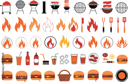 Summer barbecue and grilling party icons with food and cooking gear